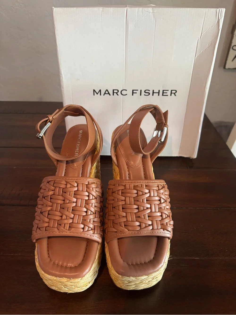 Marc Fisher Brown Woven Platform Espadrille Wedges